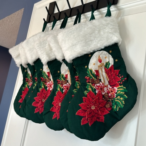 Christmas candle stick Poinsettia Stocking with bell on top of white 6 total - Picture 5 of 5